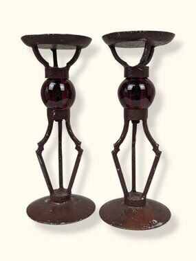 Pair of Metal Brutalist Candleholders w Glass Globe Center